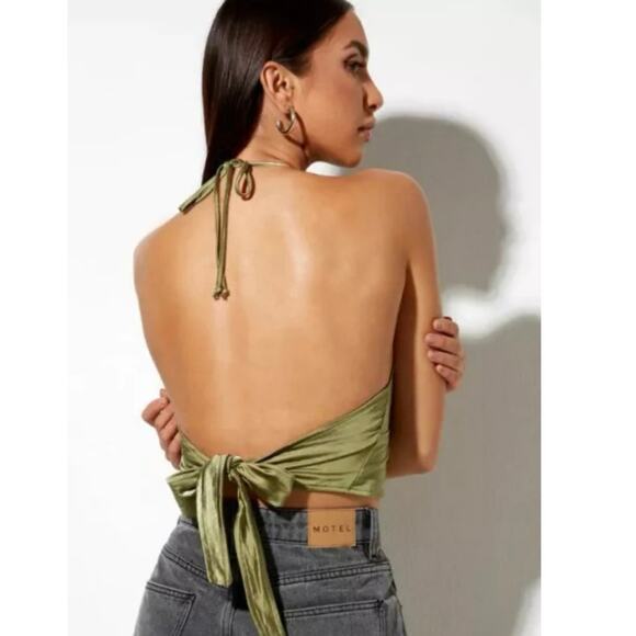 Urban Outfitters Motel Green Satin Silk Sleeveless Cami Camisole Crop Top Size S - Picture 3 of 8